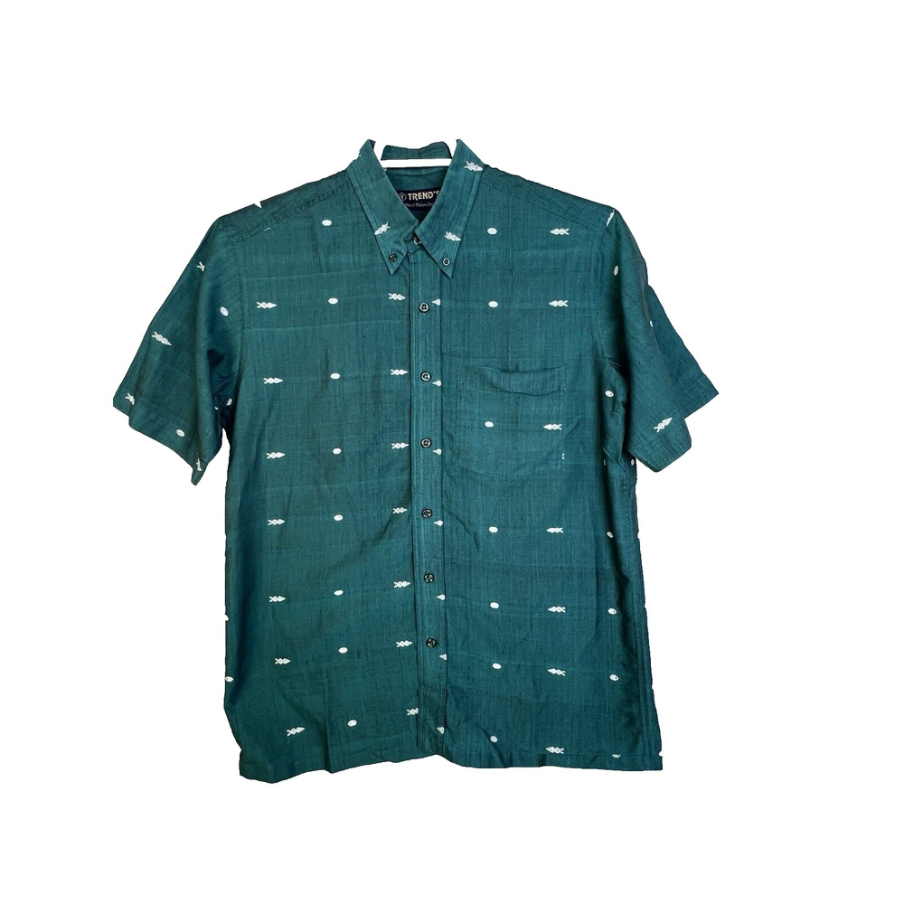 Trend's Button Up Shirt Men's L arge Green Embroidered Casual Work Relaxed